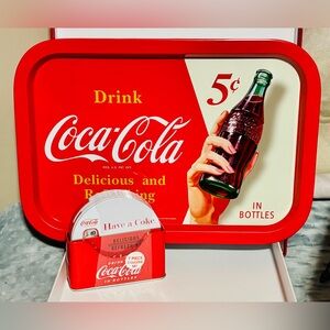 Coca Cola Retro Tin Box Company Serving Tray & Matching Coaster Set